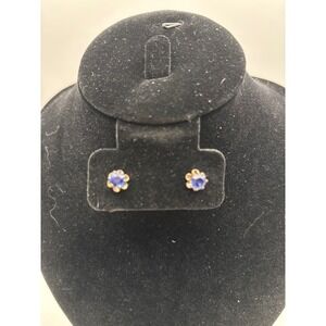 Gold Tone Blue Sapphire Floral Flower Stud Earrings Women's Jewelry